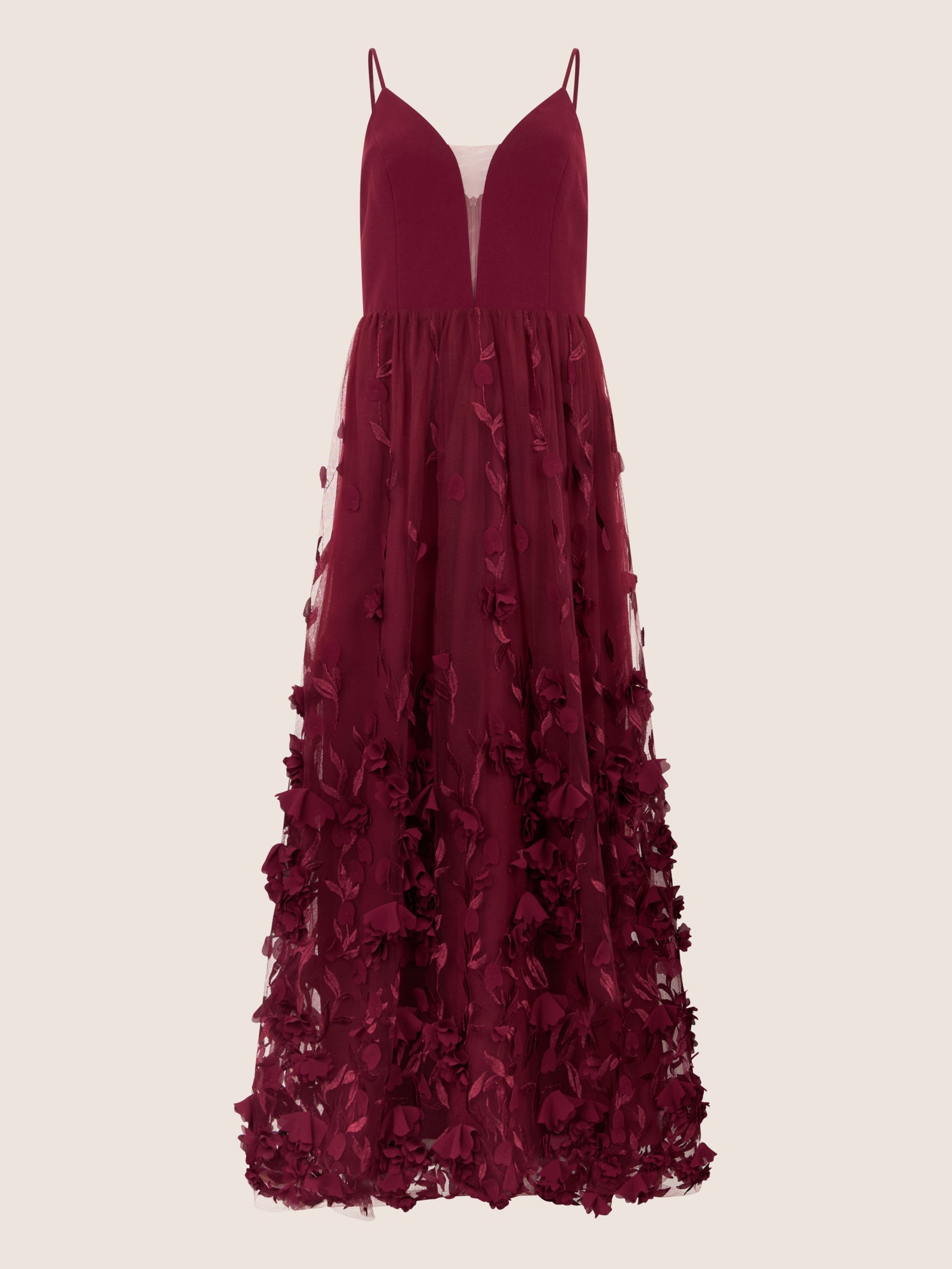 APART Maxikleid mit 3D-Blüten und Tüllrock | weinrot
