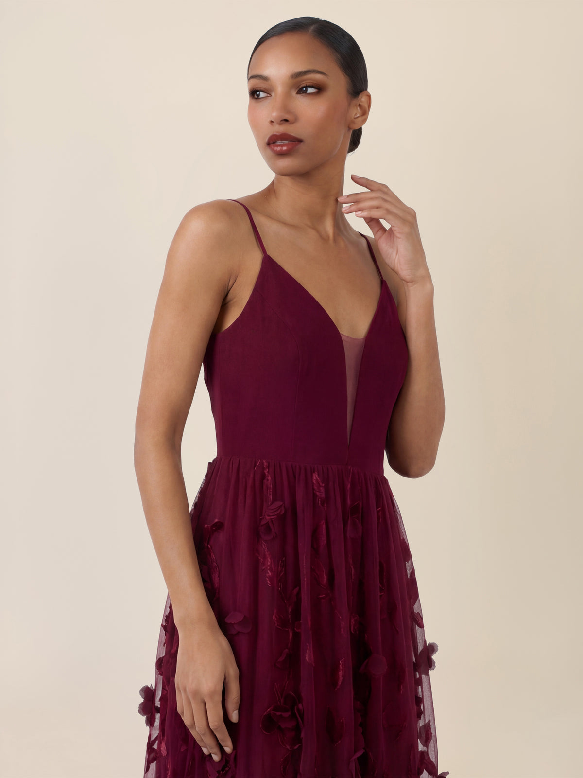 APART Maxikleid mit 3D-Blüten und Tüllrock | weinrot