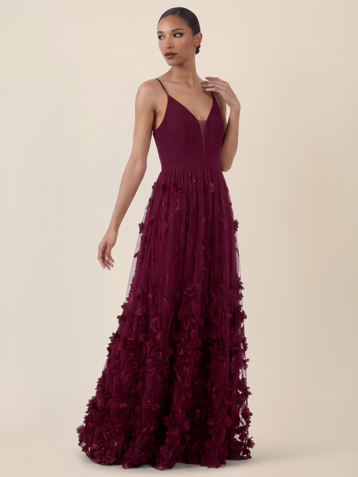 APART Maxikleid mit 3D-Blüten und Tüllrock | weinrot