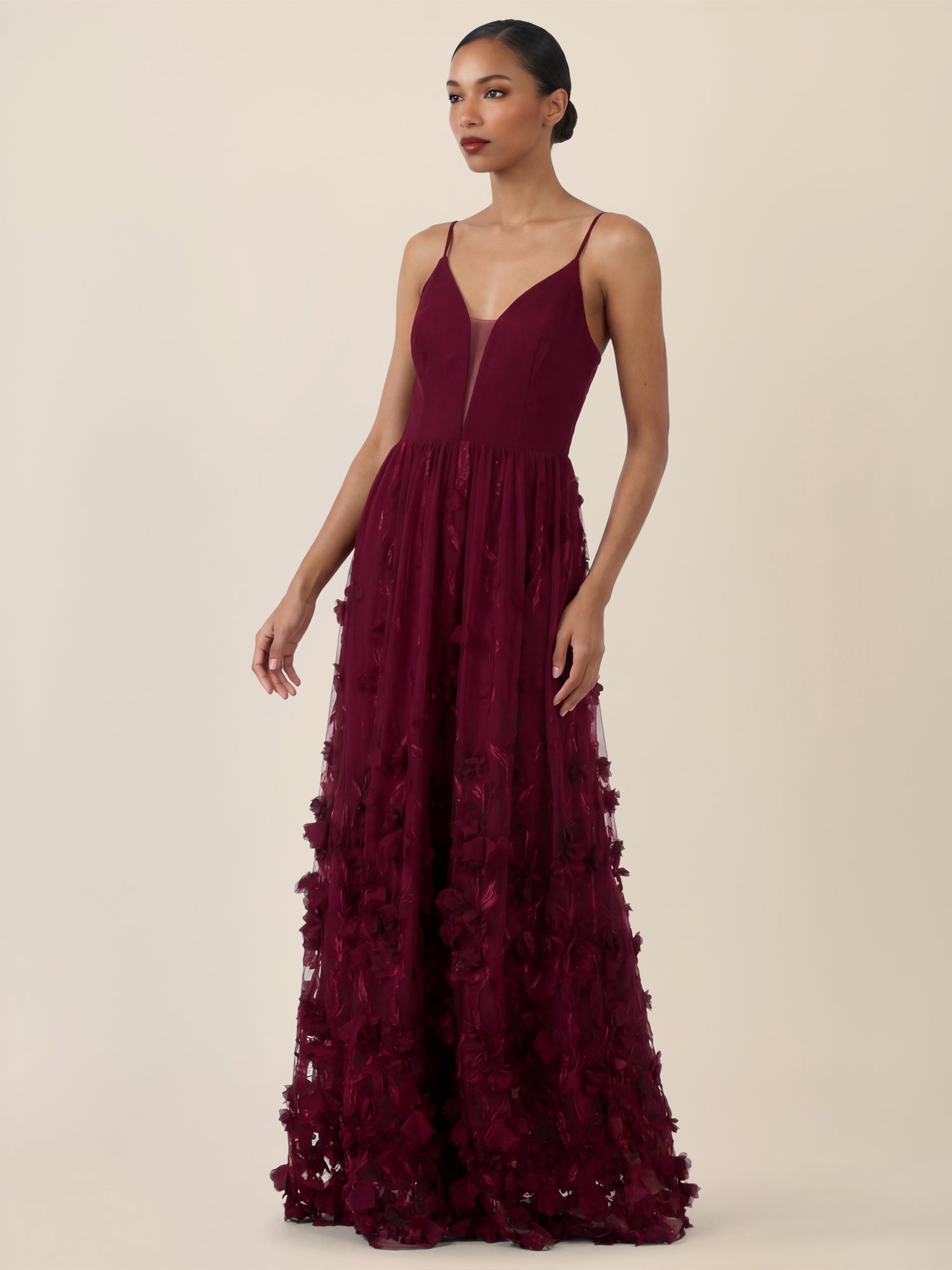 APART Maxikleid mit 3D-Blüten und Tüllrock | weinrot