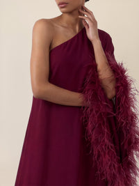 APART Asymmetrisches Abendkleid mit Federn | weinrot