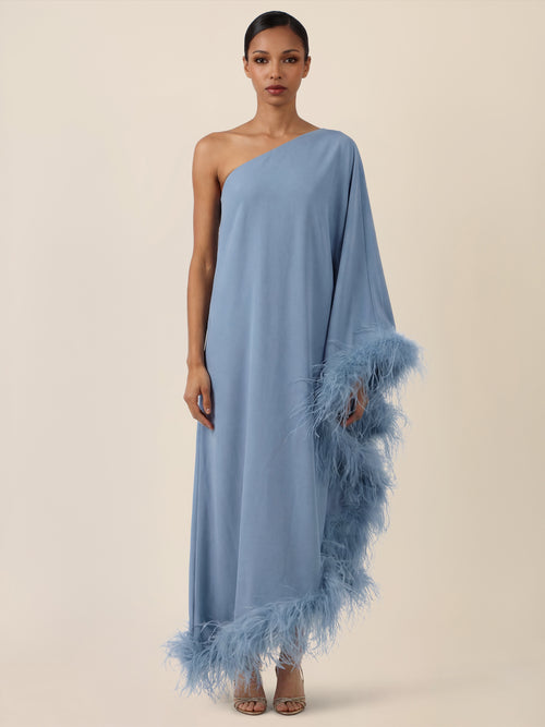 APART Asymmetrisches Abendkleid mit Federn | rauchblau image 1