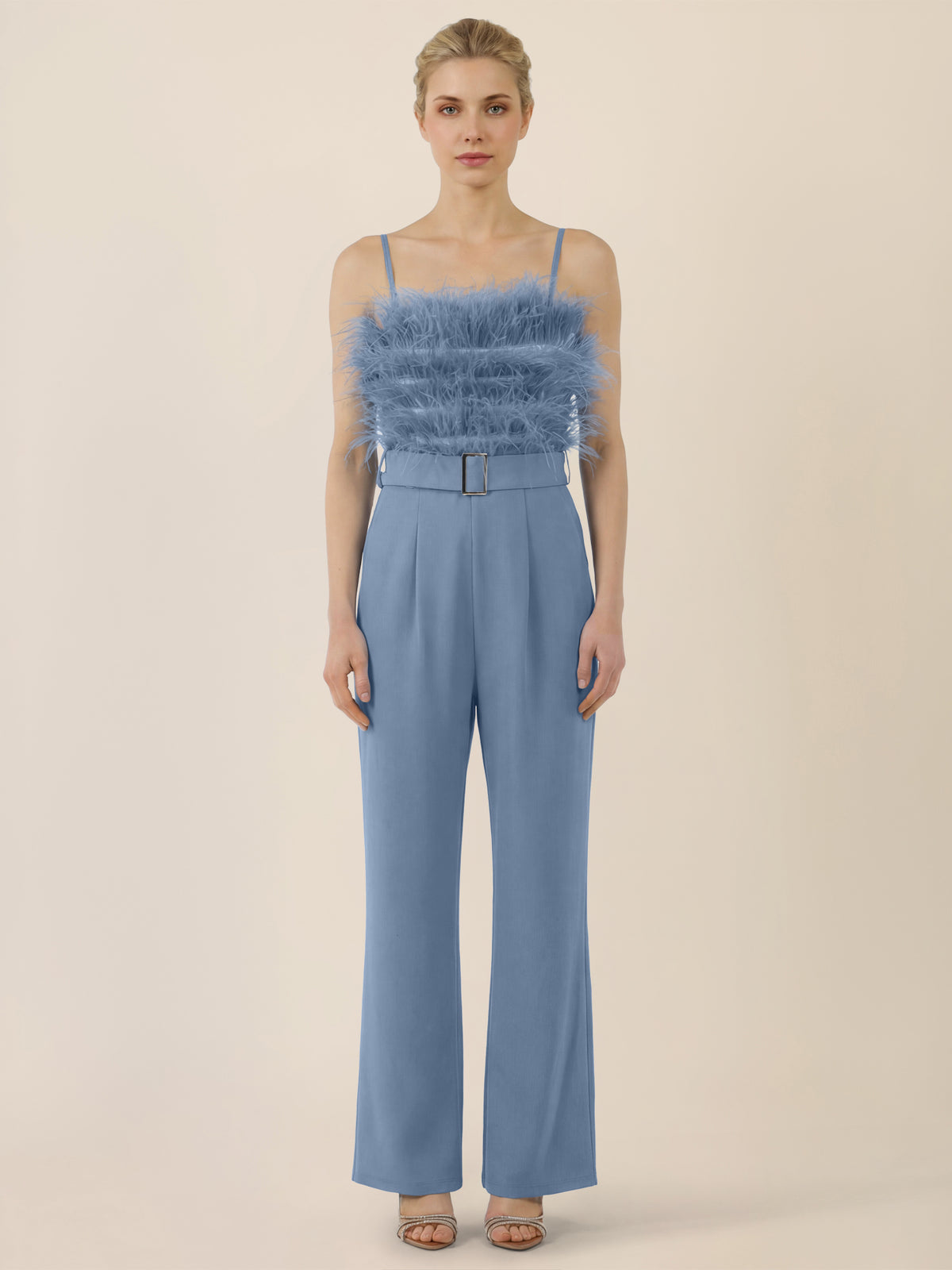 APART Federbesetzter Abendoverall mit Gürtel | rauchblau