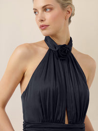 APART Elegantes Satin-Maxikleid mit Rosendetail | nachtblau