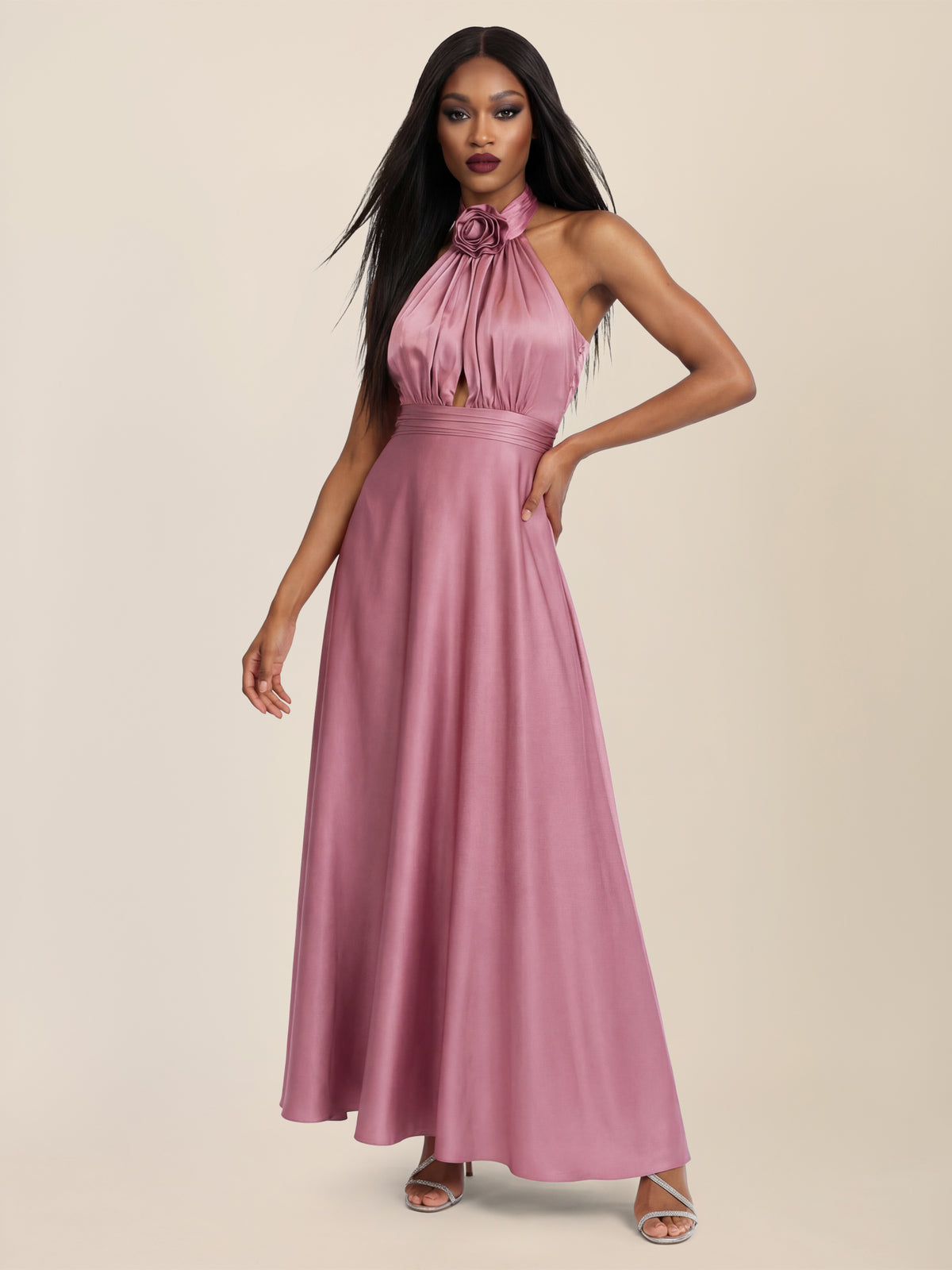 APART Elegantes Satin-Maxikleid mit Rosendetail | rosé