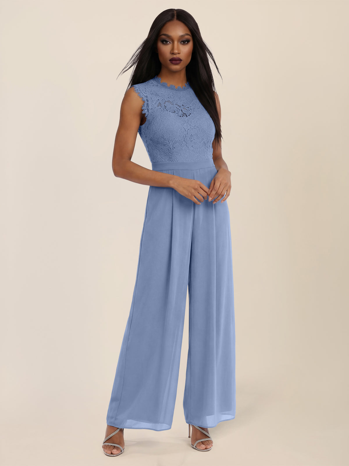 APART Abendoverall mit Spitzentop und weitem Bein | rauchblau