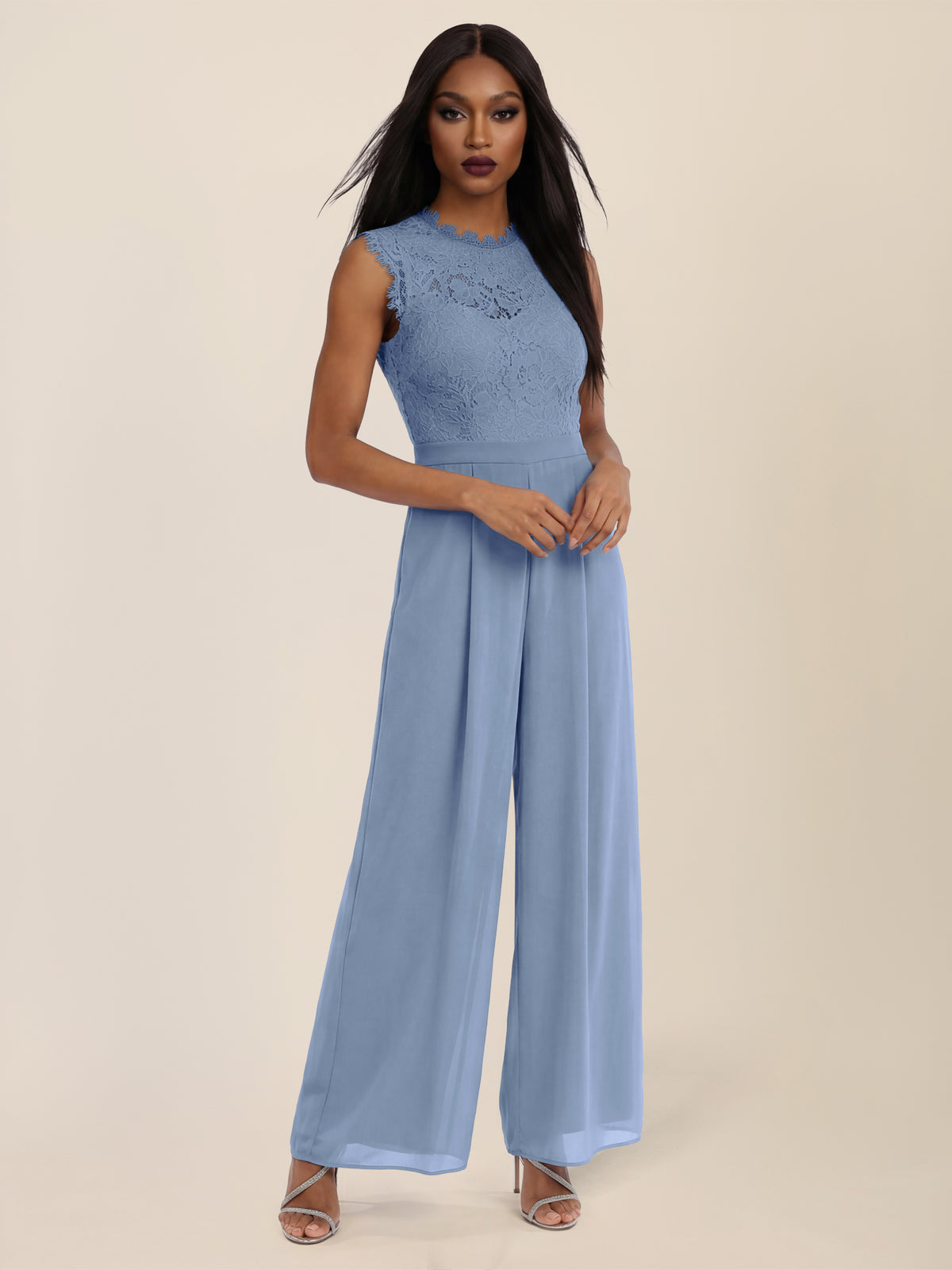 APART Abendoverall mit Spitzentop und weitem Bein | rauchblau