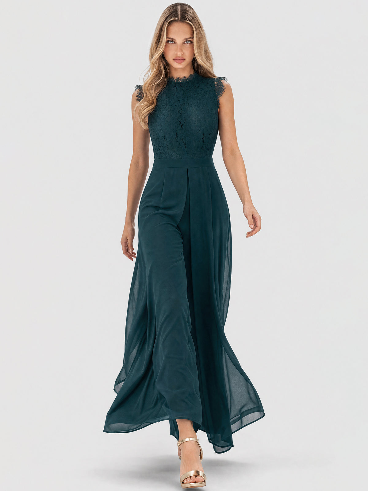 APART Abendoverall mit Spitzentop und weitem Bein | emerald
