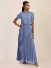APART Elegantes Maxikleid mit Spitzenoberteil und Plisseerock | rauchblau