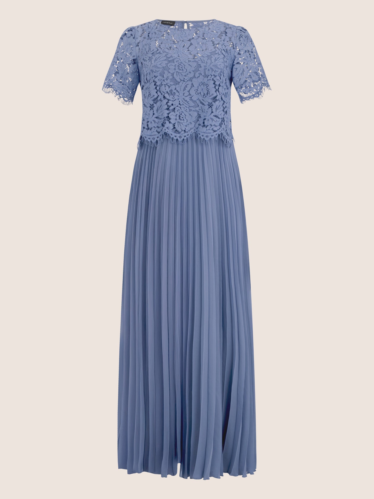 APART Elegantes Maxikleid mit Spitzenoberteil und Plisseerock | rauchblau