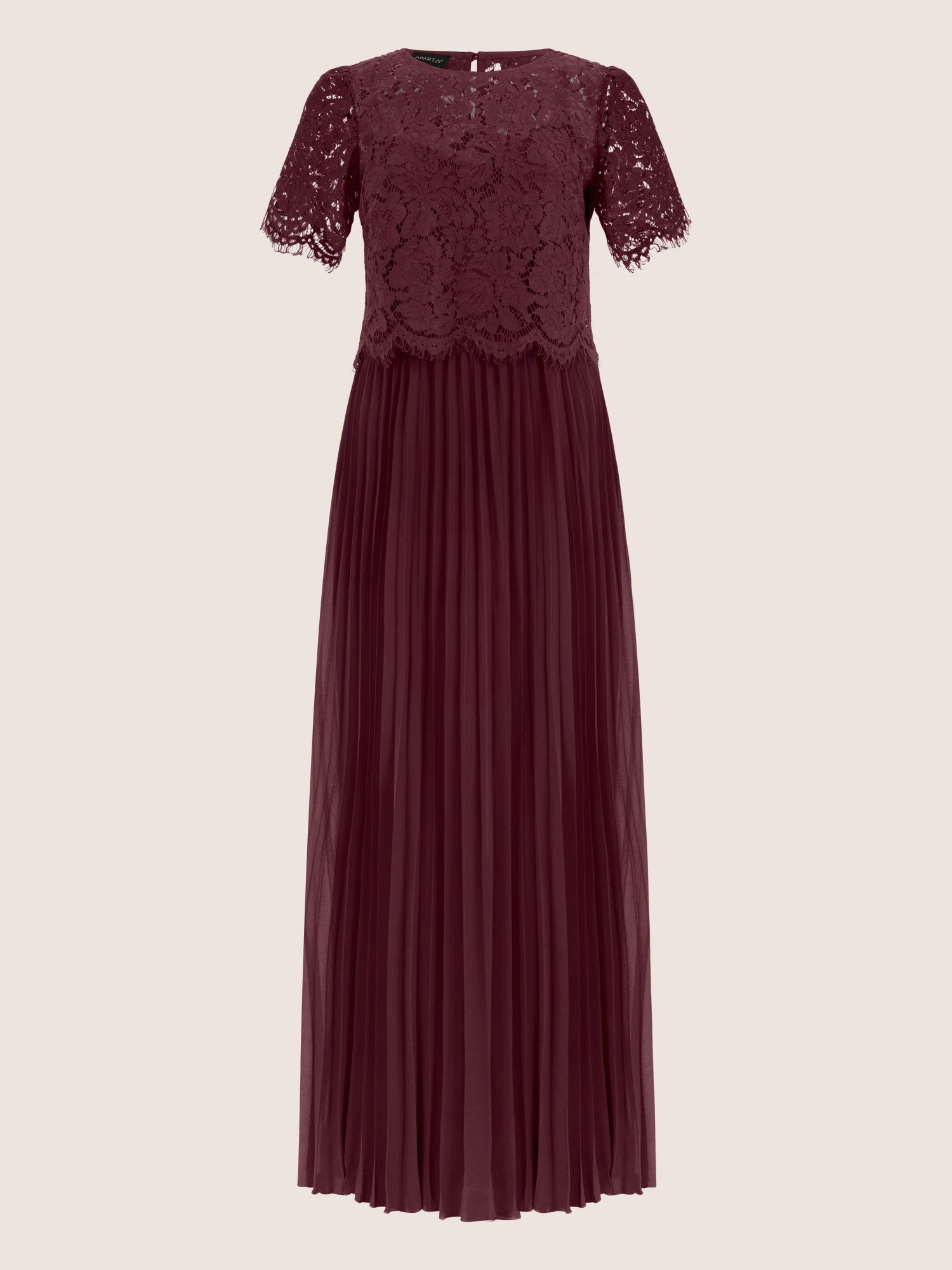 APART Elegantes Maxikleid mit Spitzenoberteil und Plisseerock | weinrot