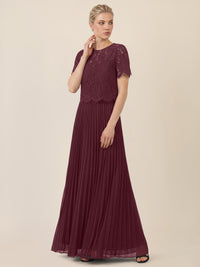APART Elegantes Maxikleid mit Spitzenoberteil und Plisseerock | weinrot