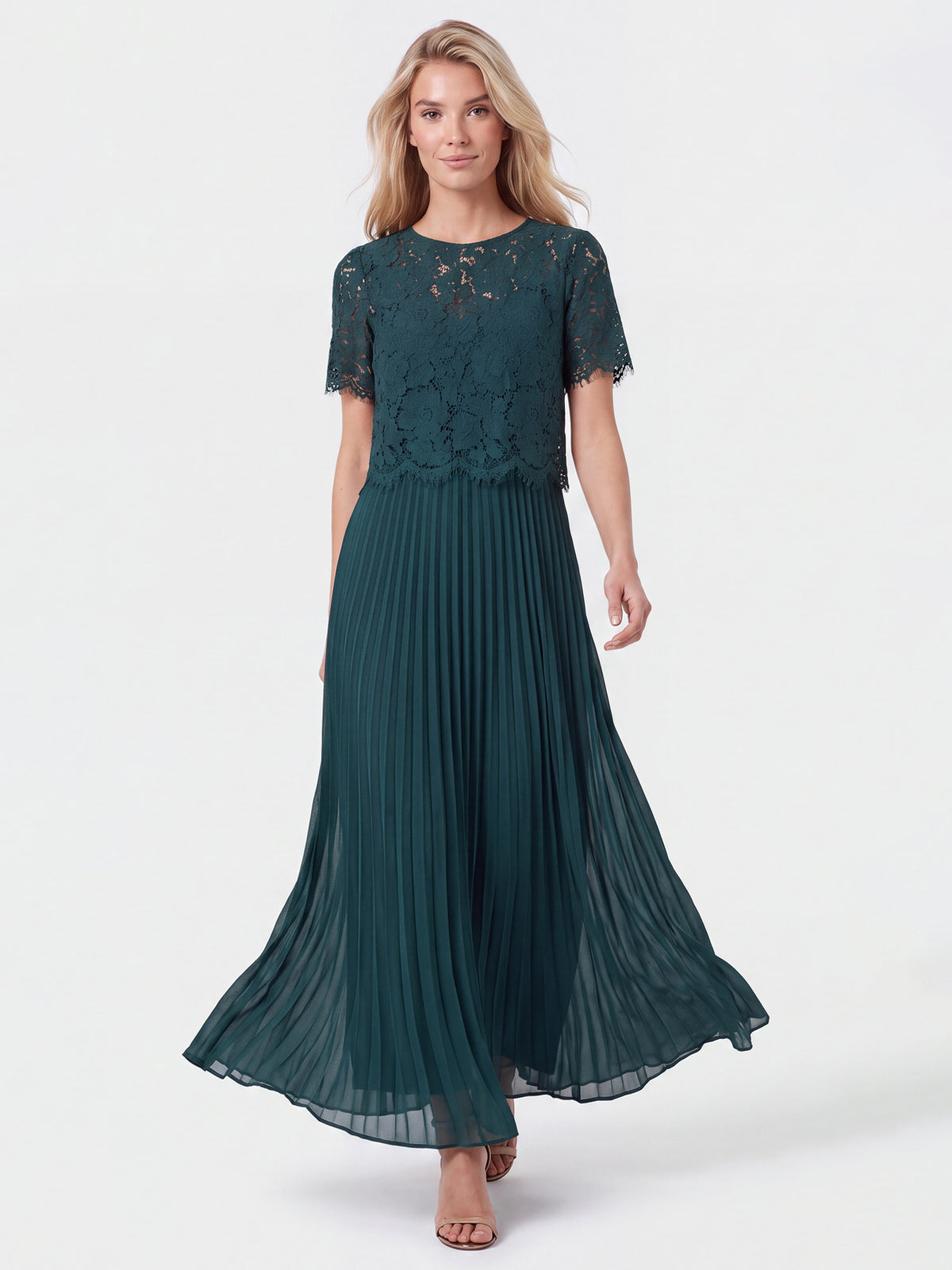 APART Elegantes Maxikleid mit Spitzenoberteil und Plisseerock | emerald