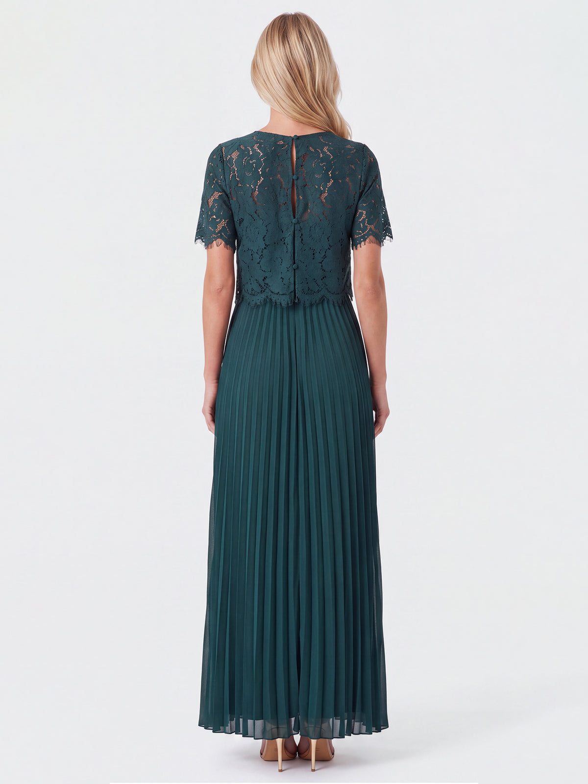 APART Elegantes Maxikleid mit Spitzenoberteil und Plisseerock | emerald