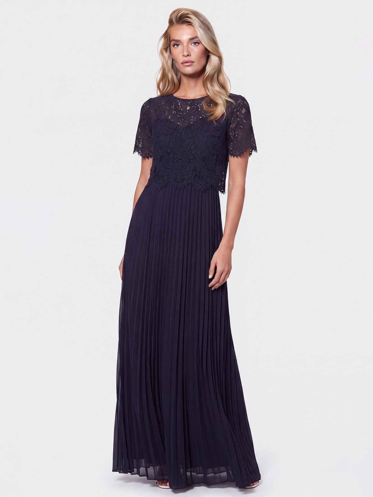 APART Elegantes Maxikleid mit Spitzenoberteil und Plisseerock | nachtblau
