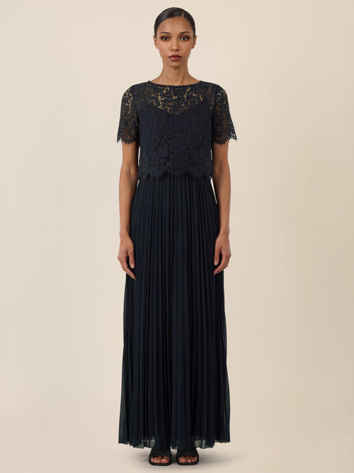 APART Elegantes Maxikleid mit Spitzenoberteil und Plisseerock | nachtblau image 1