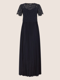 APART Elegantes Maxikleid mit Spitzenoberteil und Plisseerock | nachtblau