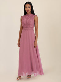 APART Maxikleid mit Häkelspitze und Stehkragen | rosé