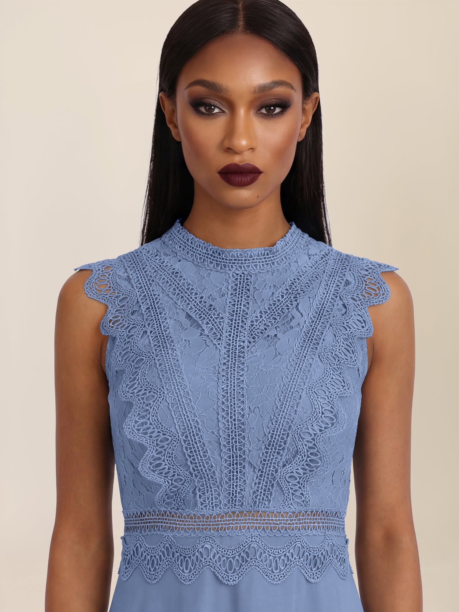 APART Maxikleid mit Häkelspitze und Stehkragen | rauchblau