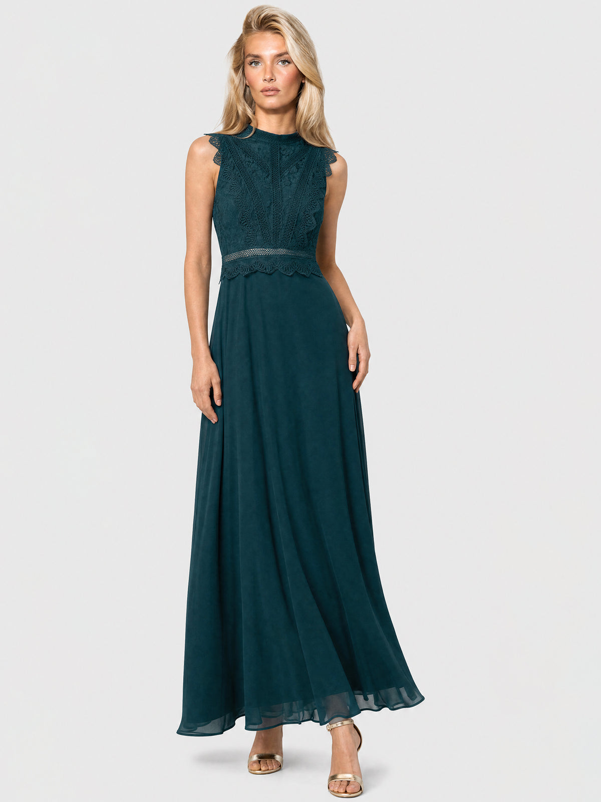 APART Maxikleid mit Häkelspitze und Stehkragen | emerald