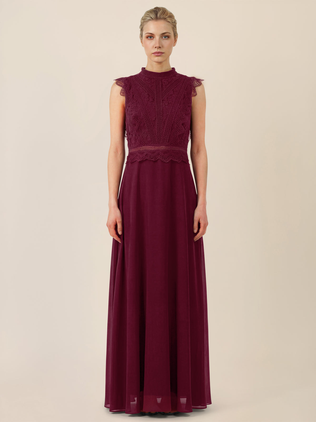 APART Maxikleid mit Häkelspitze und Stehkragen | weinrot