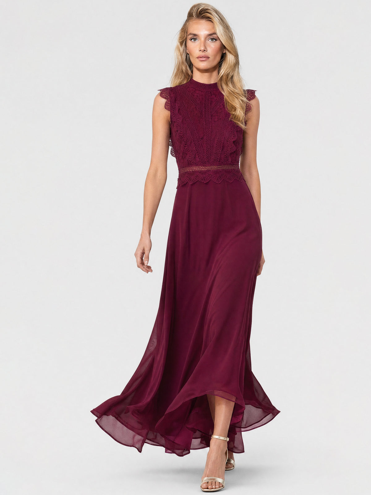 APART Maxikleid mit Häkelspitze und Stehkragen | weinrot