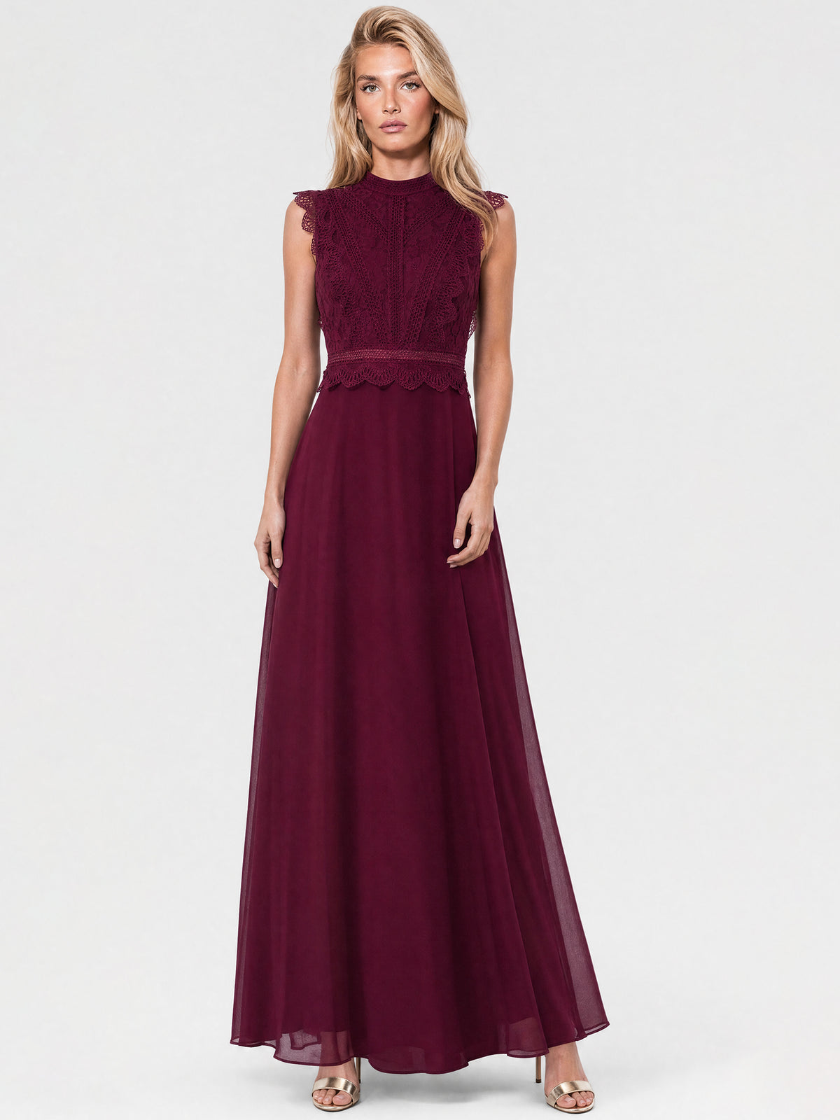 APART Maxikleid mit Häkelspitze und Stehkragen | weinrot