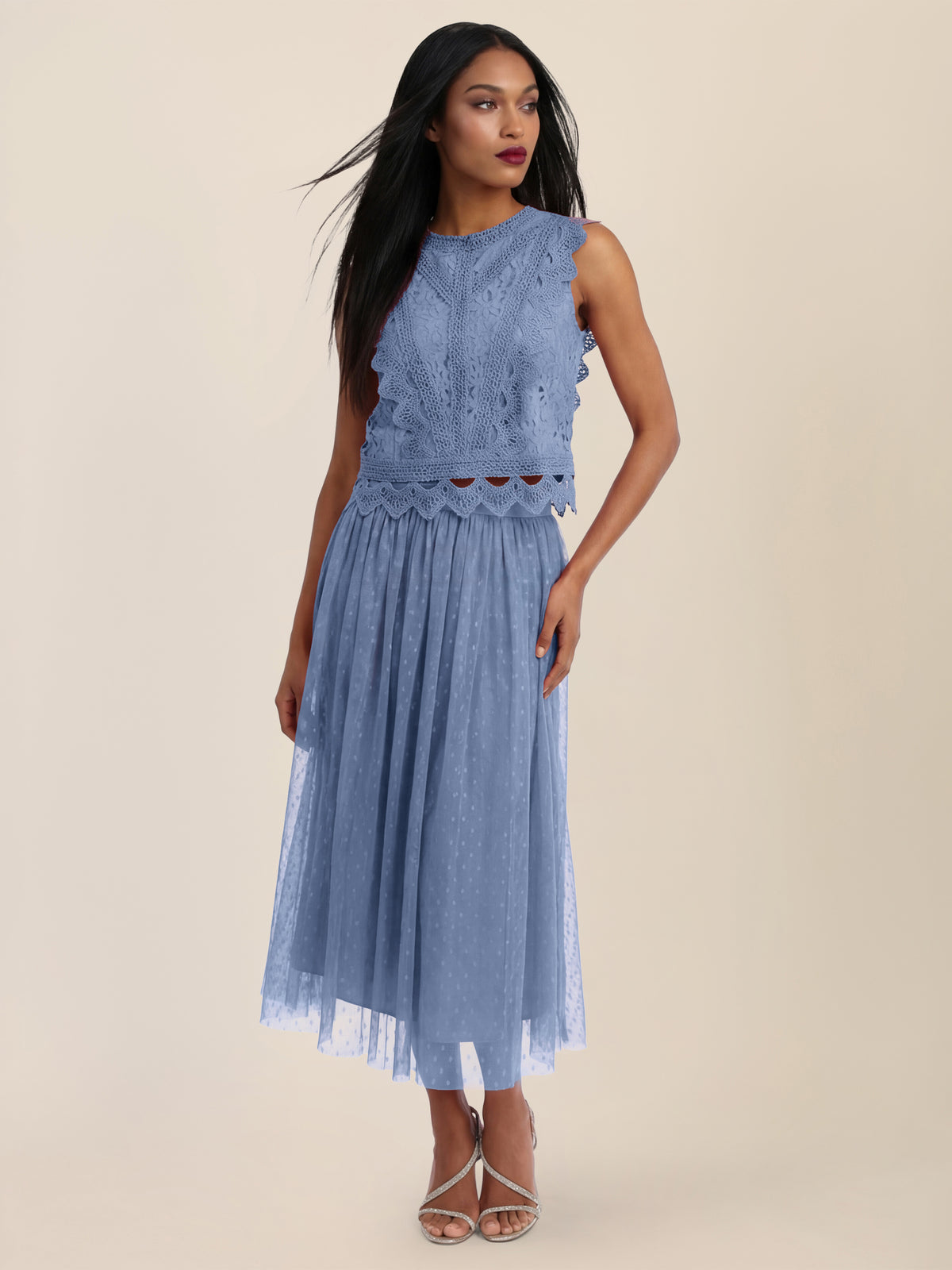 APART Spitzentop mit Rüschen und Häkeldetails | rauchblau