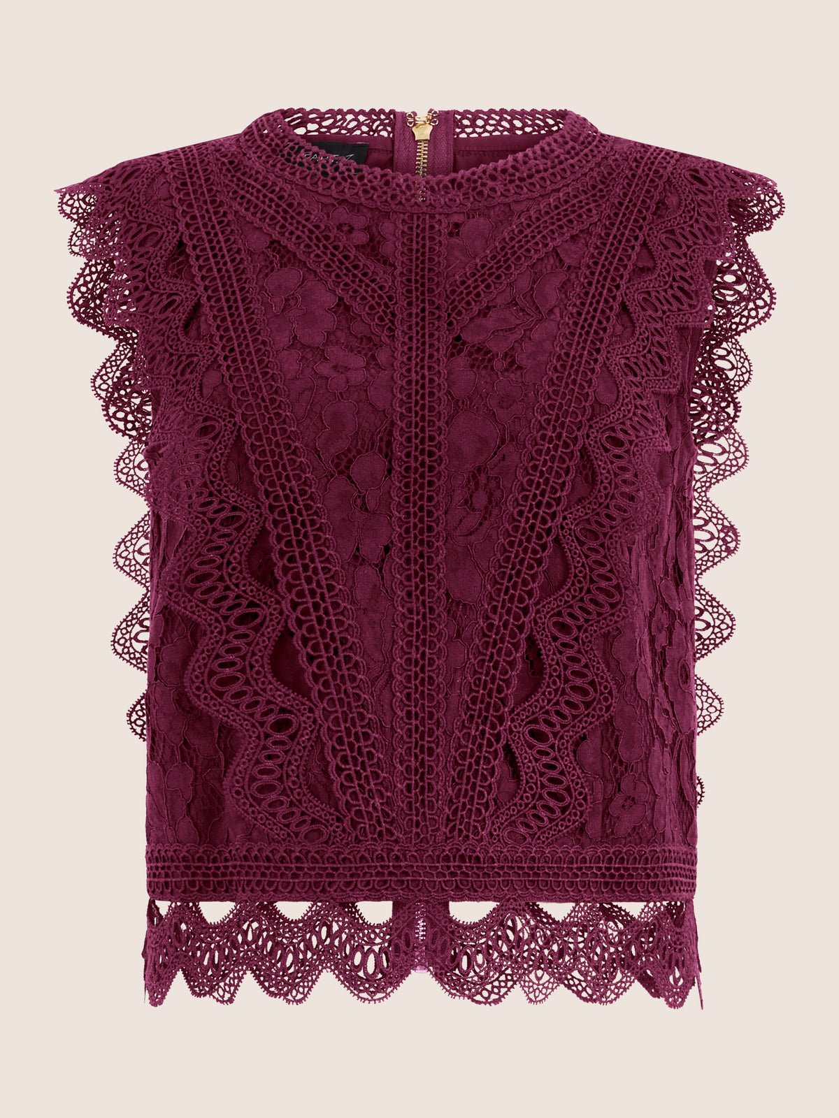 APART Spitzentop mit Rüschen und Häkeldetails | weinrot