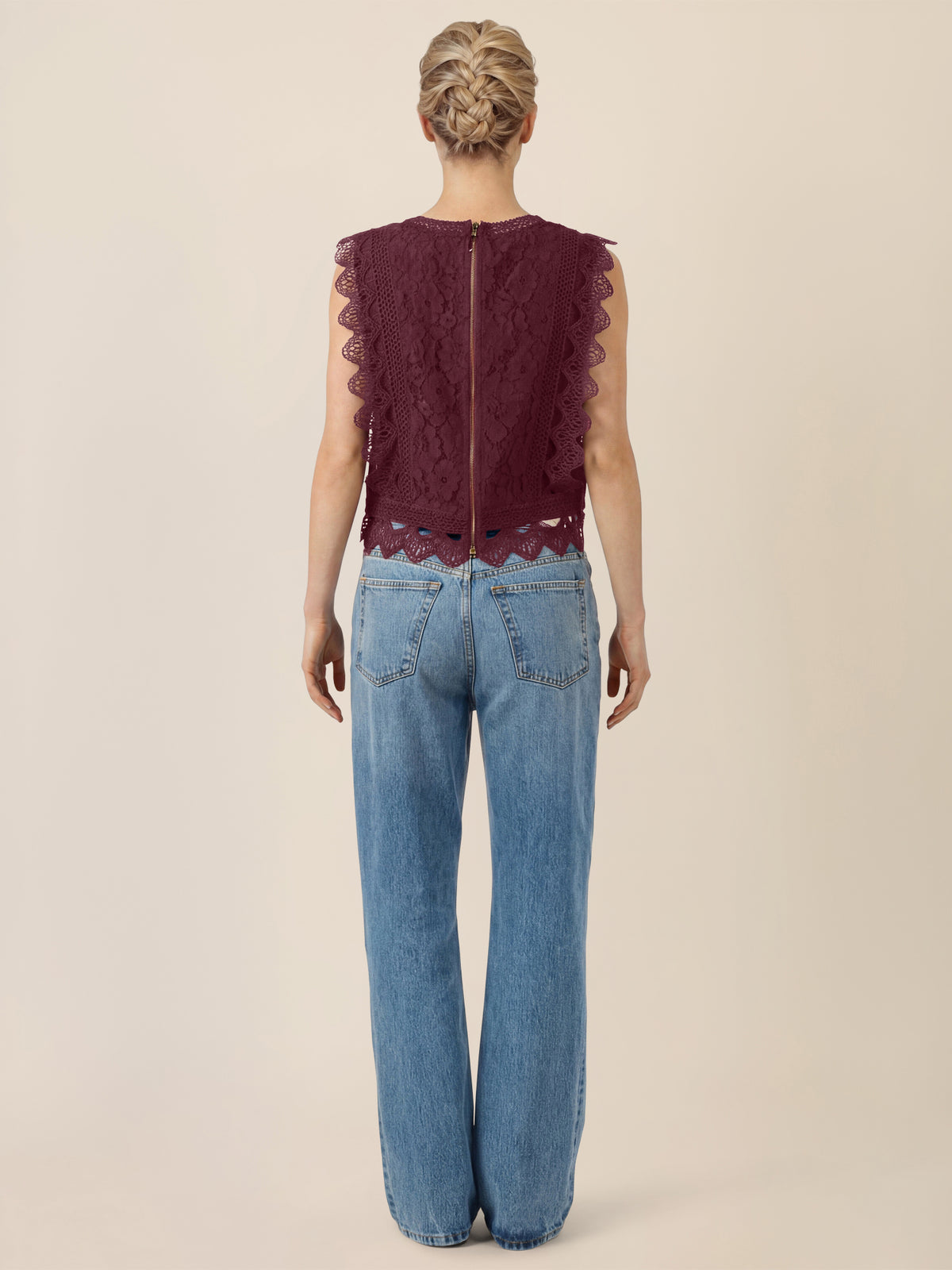 APART Spitzentop mit Rüschen und Häkeldetails | weinrot