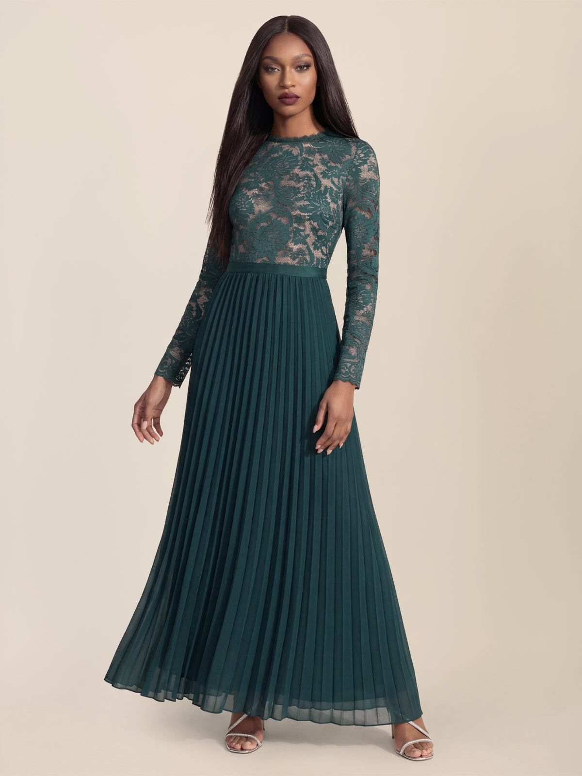 APART Elegantes Spitzenkleid mit Plissee-Rock | emerald-nude