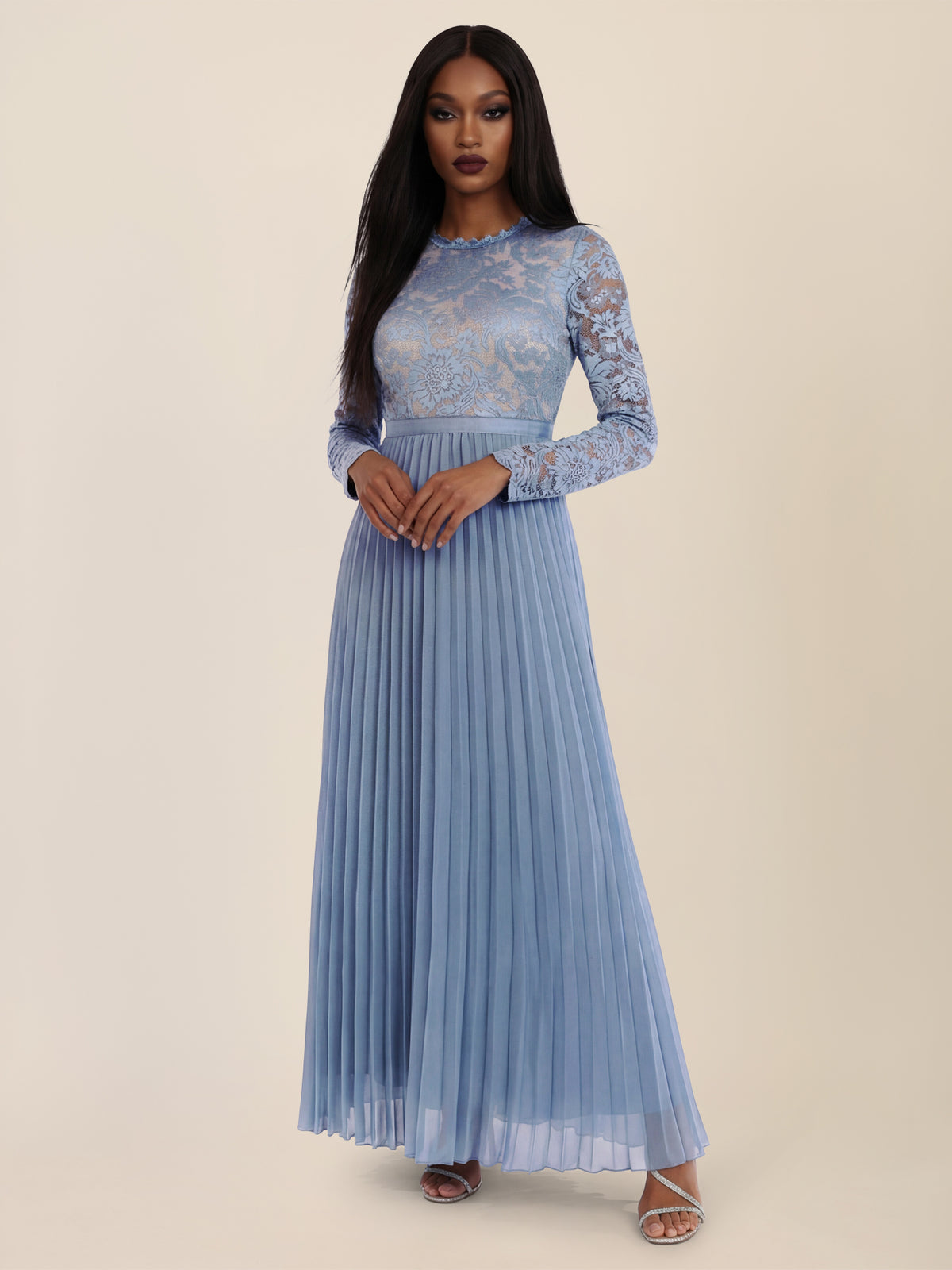 APART Elegantes Spitzenkleid mit Plissee-Rock | rauchblau-nude