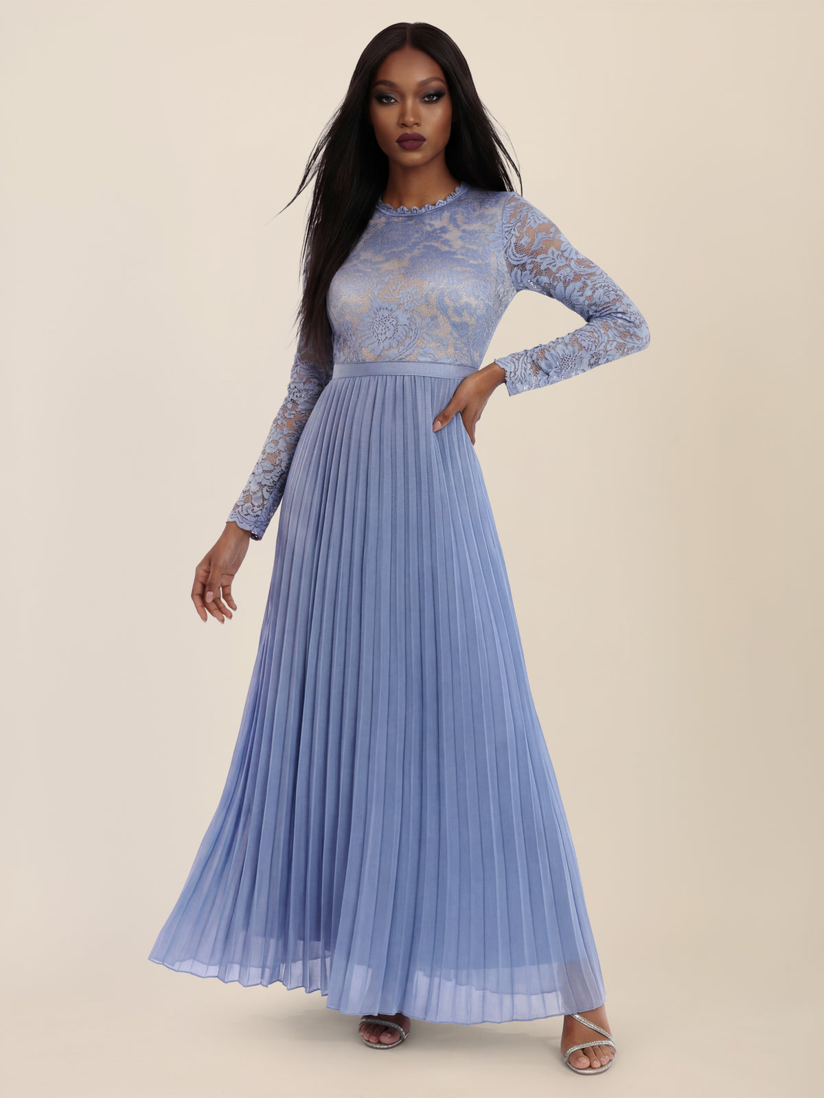 APART Elegantes Spitzenkleid mit Plissee-Rock | rauchblau-nude