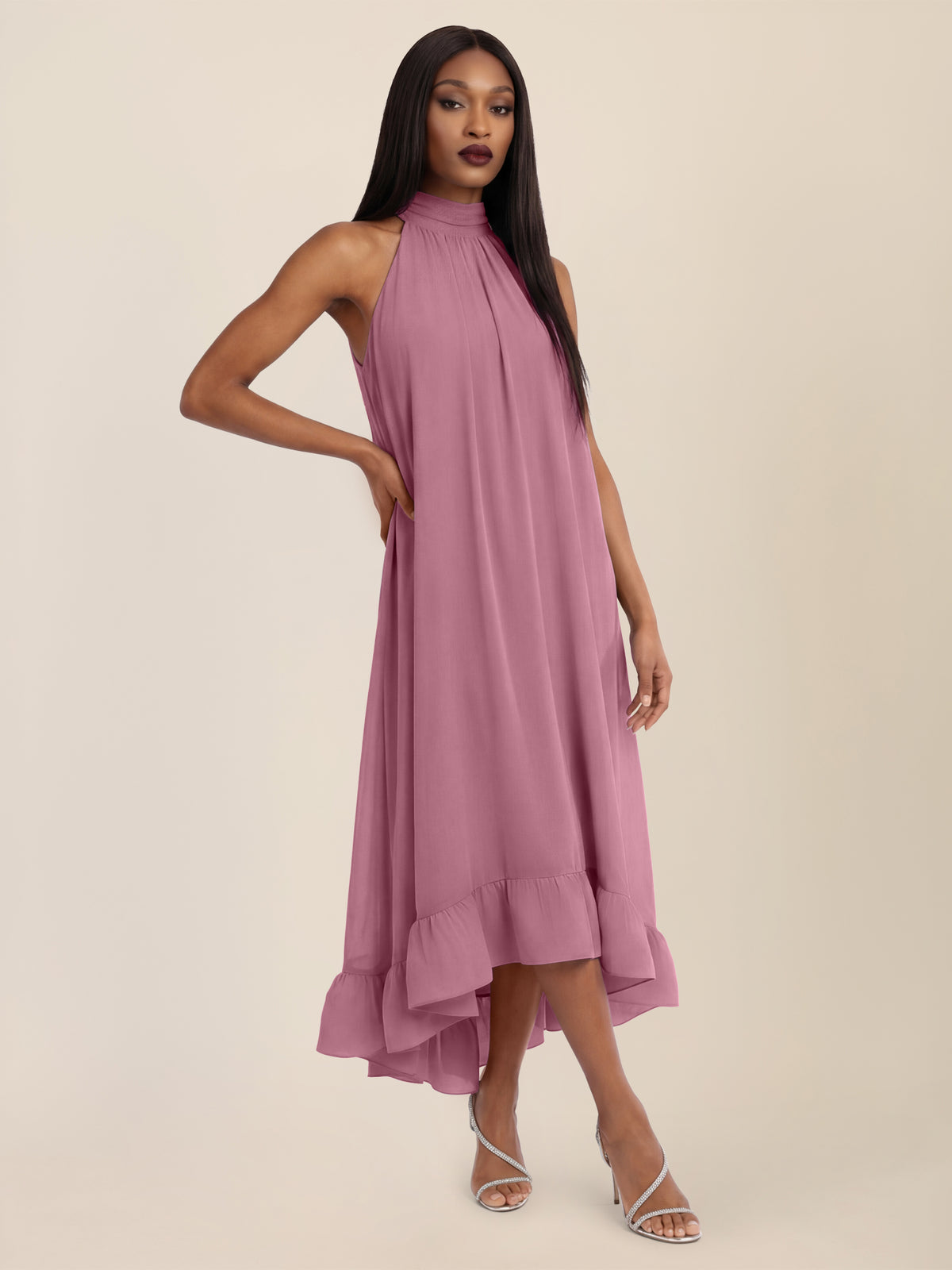 APART Elegantes Chiffonkleid mit Volantsaum | rosé