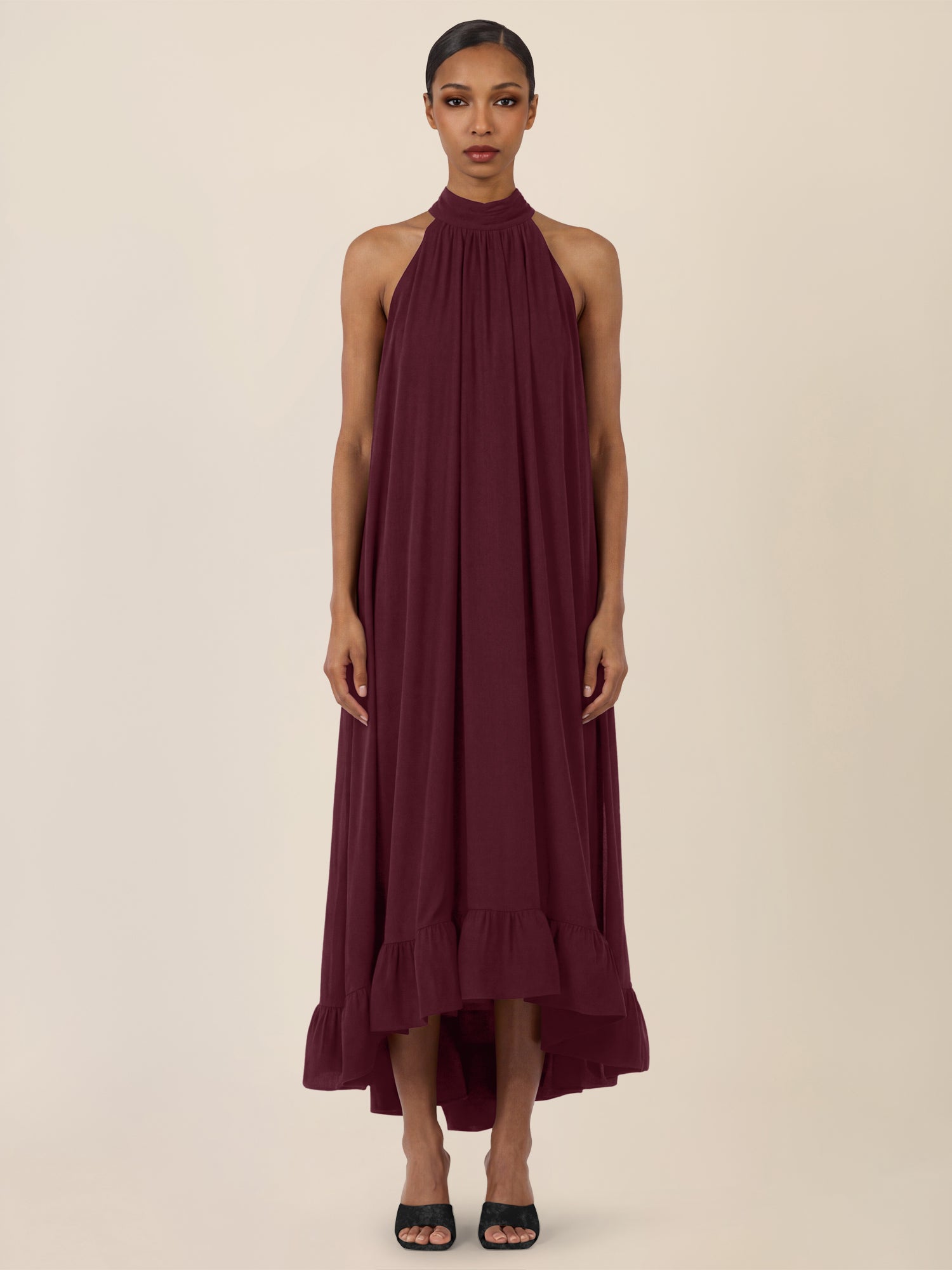 APART Elegantes Chiffonkleid mit Volantsaum | weinrot