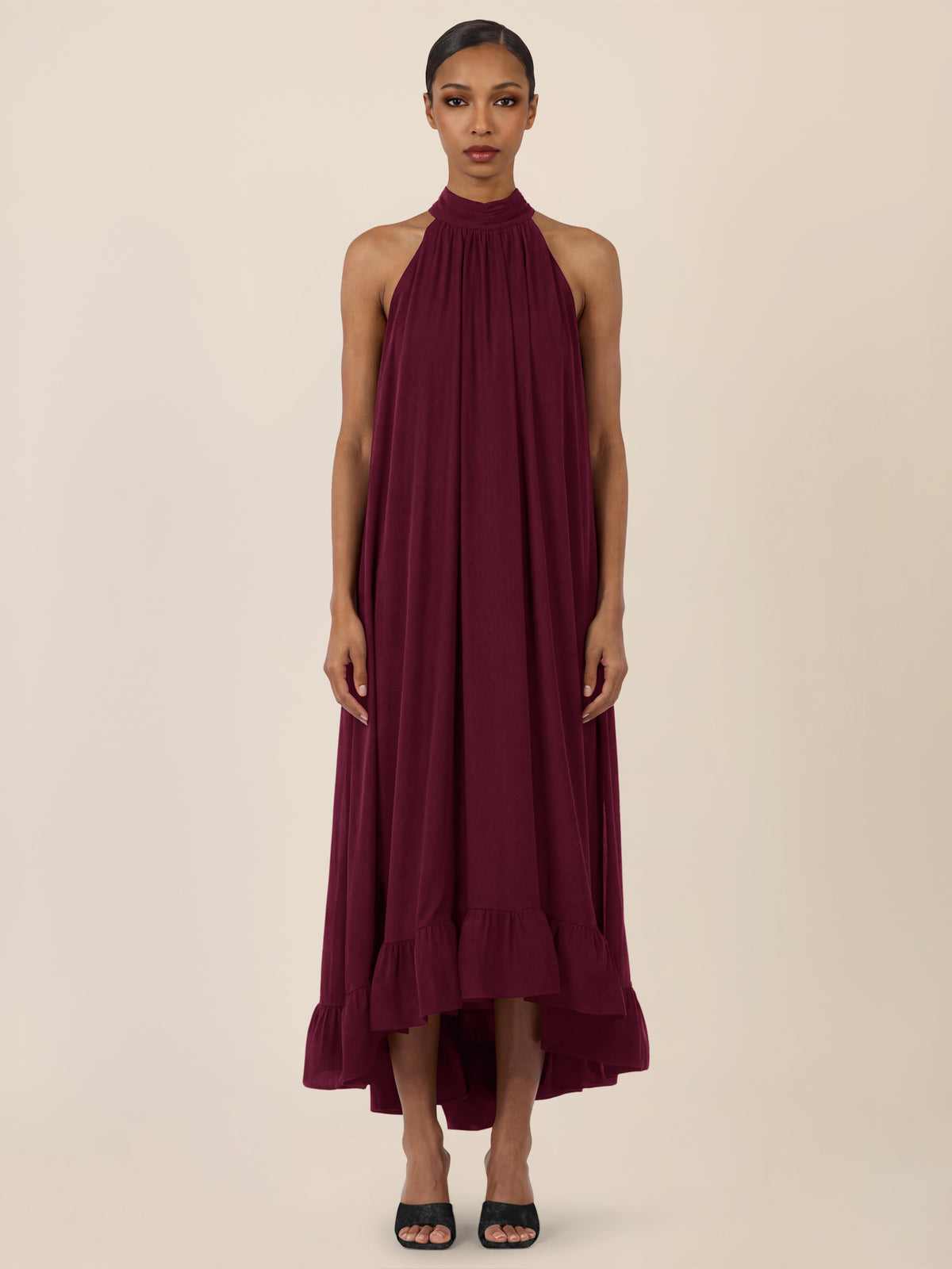 APART Elegantes Chiffonkleid mit Volantsaum | weinrot