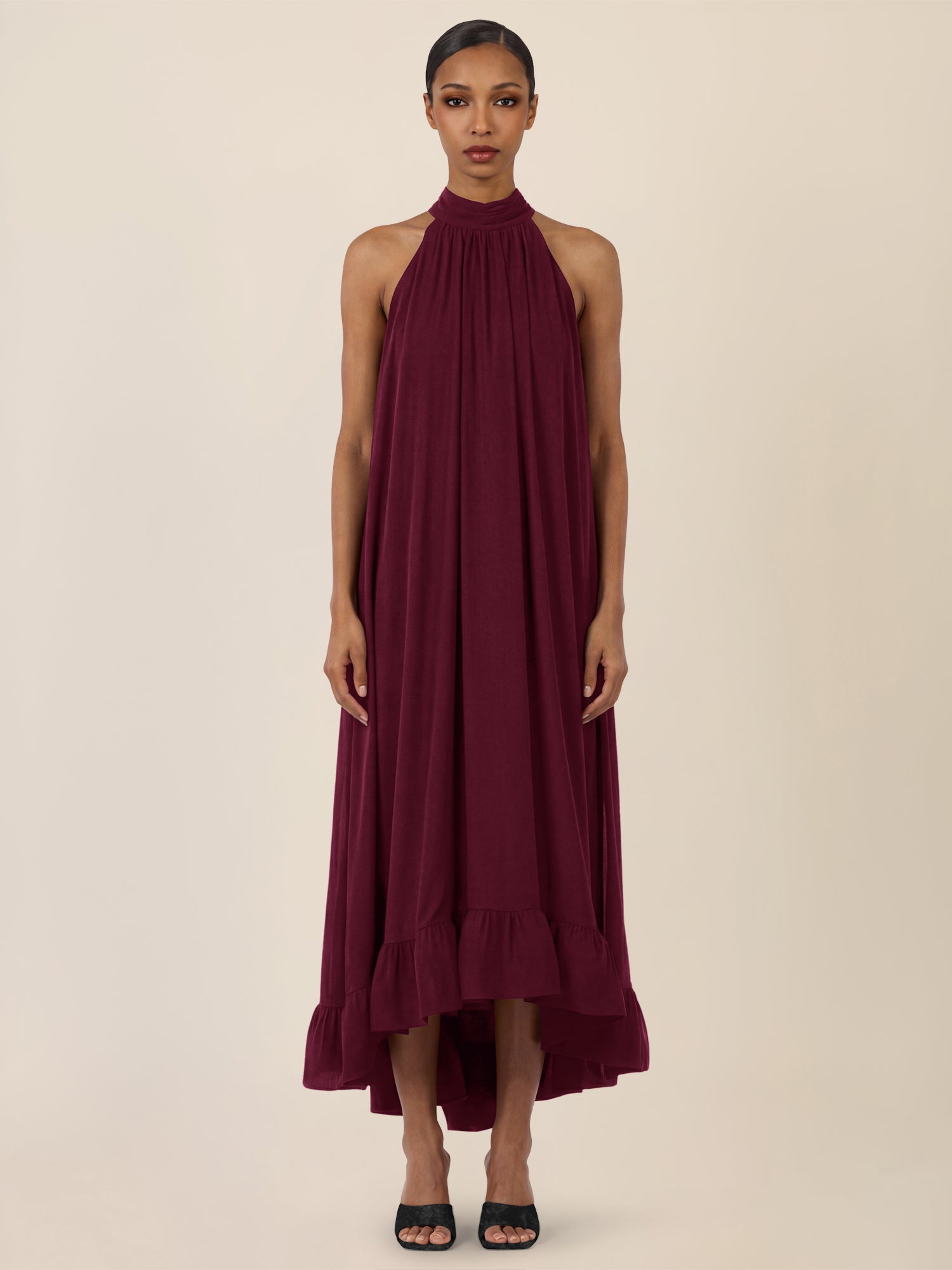 APART Elegantes Chiffonkleid mit Volantsaum | weinrot