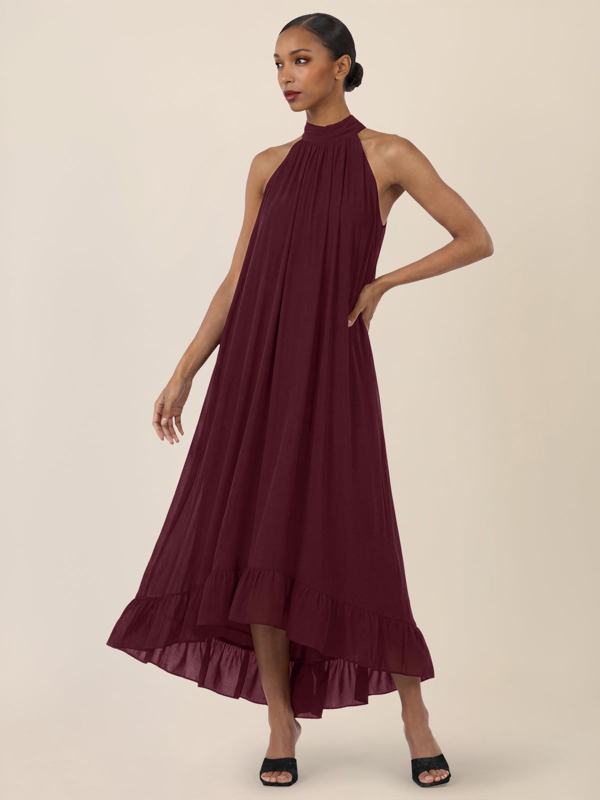 APART Elegantes Chiffonkleid mit Volantsaum | weinrot