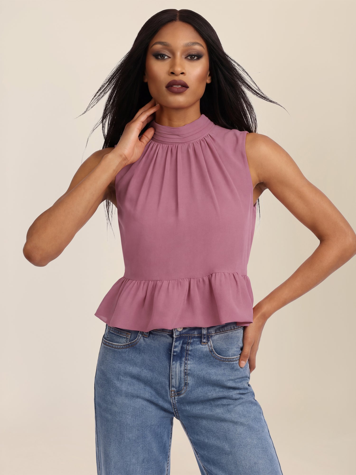 APART Ärmellose Bluse mit Rüschen-Saum | rosé