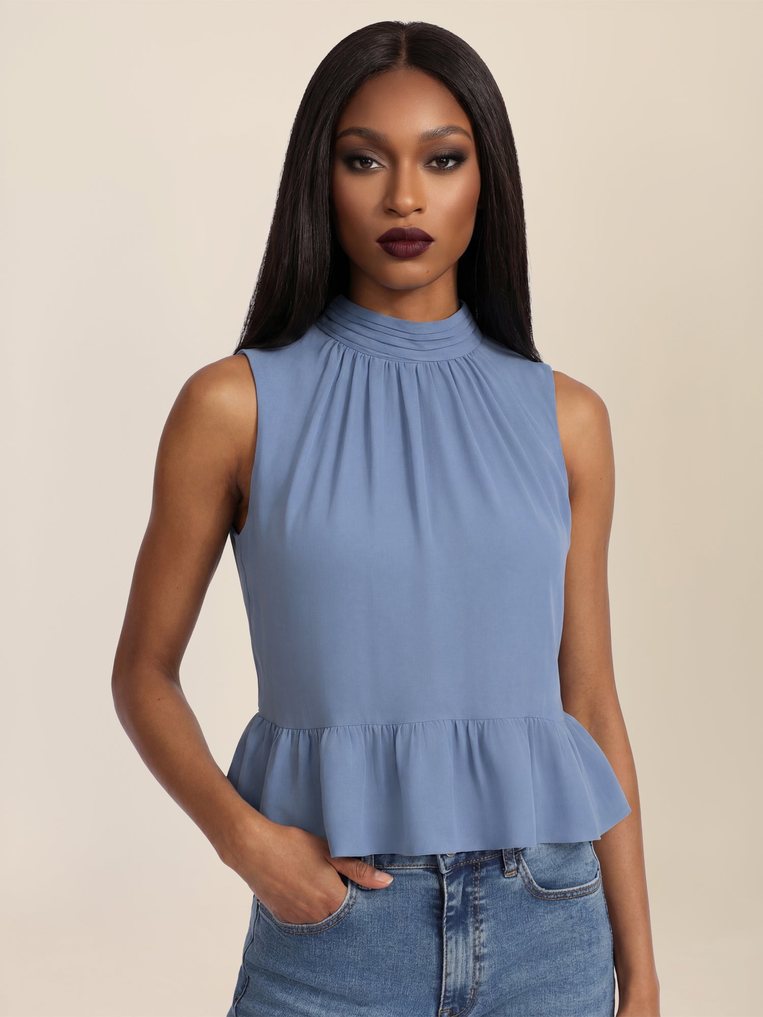 APART Ärmellose Bluse mit Rüschen-Saum | rauchblau
