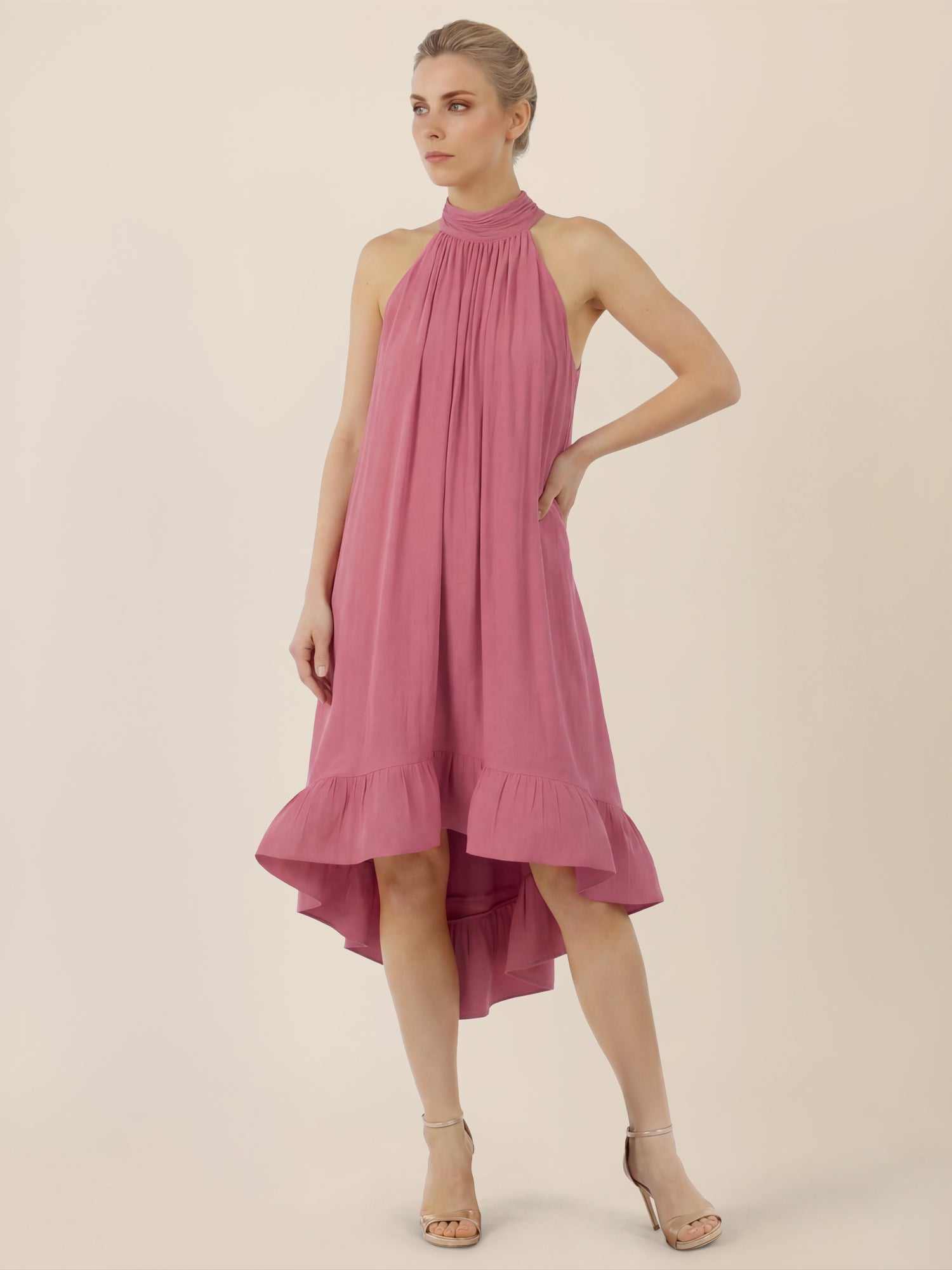 APART Halterneck-Kleid mit Volantsaum | rosé