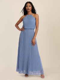 APART Plissiertes Chiffonkleid mit Neckholder | rauchblau