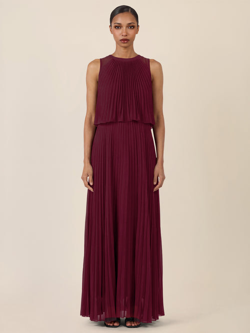 APART Plissiertes Maxikleid mit Doppellagen-Effekt | weinrot image 1