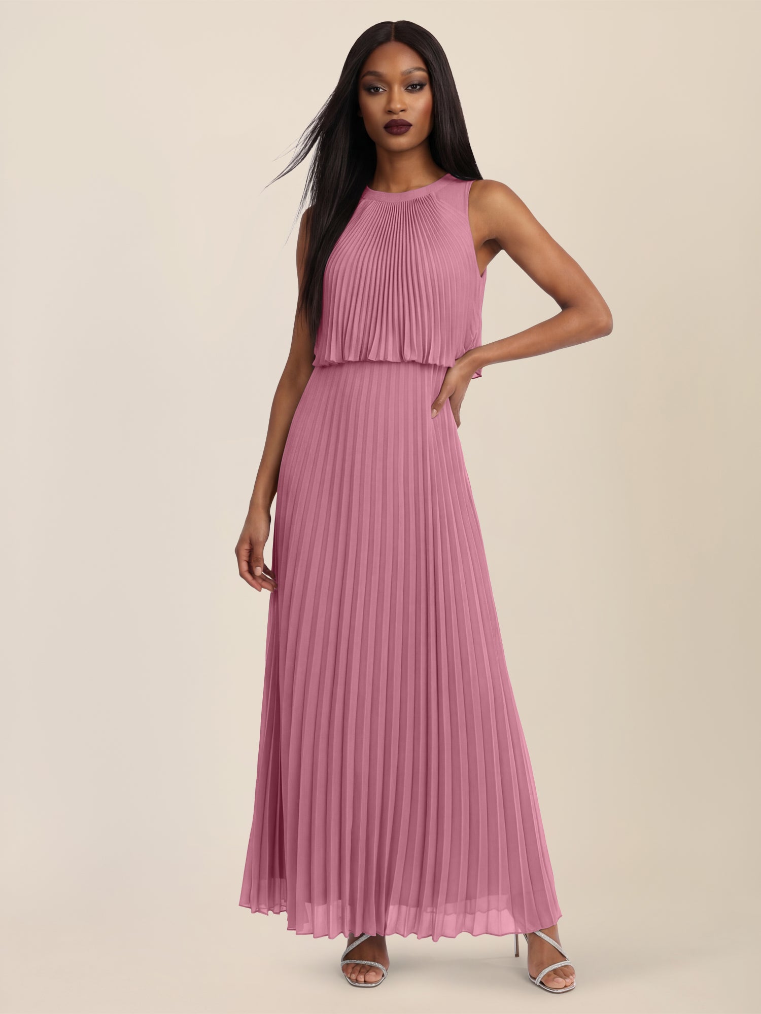 APART Plissiertes Maxikleid mit Doppellagen-Effekt | rosé