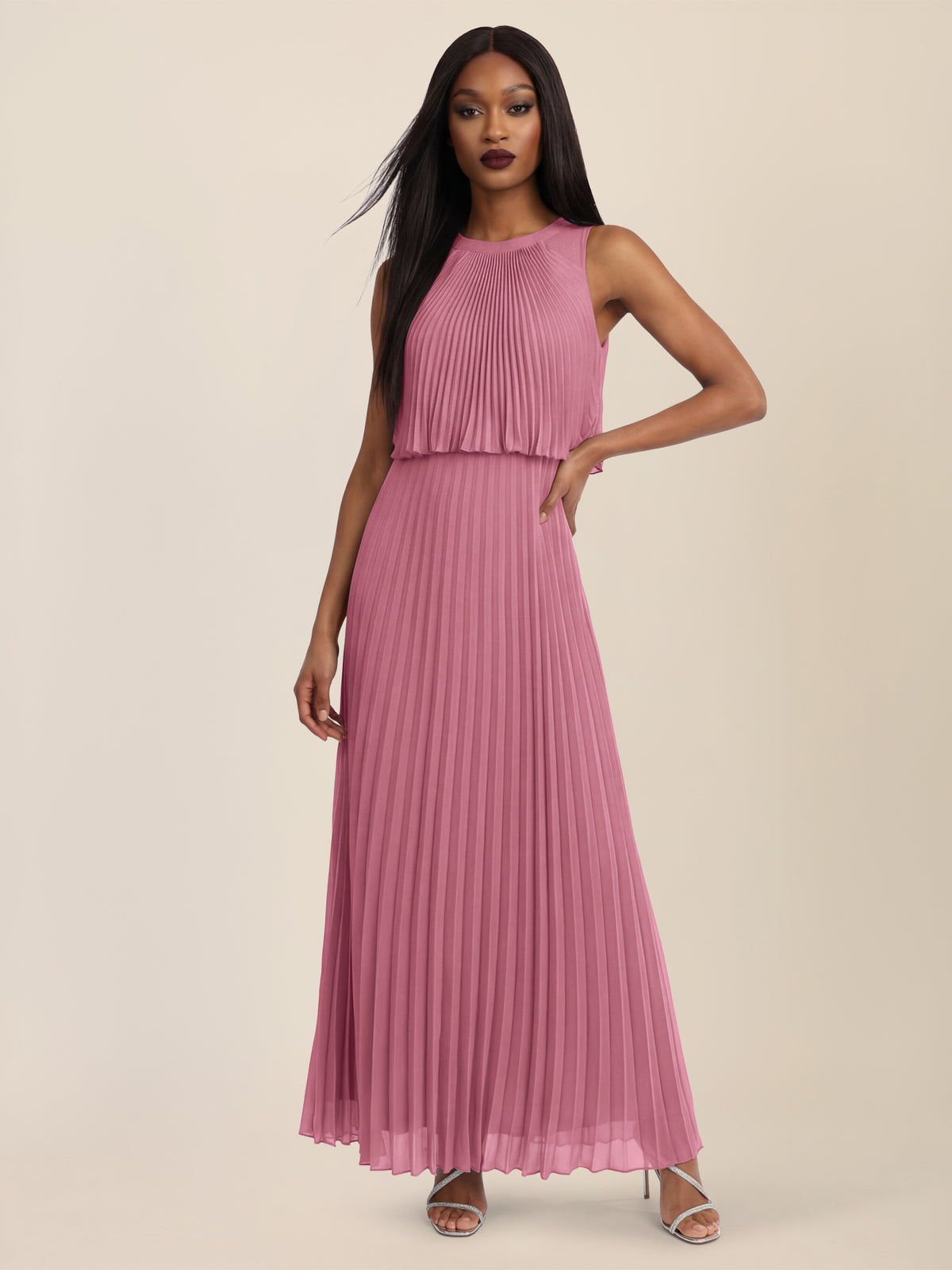 APART Plissiertes Maxikleid mit Doppellagen-Effekt | rosé