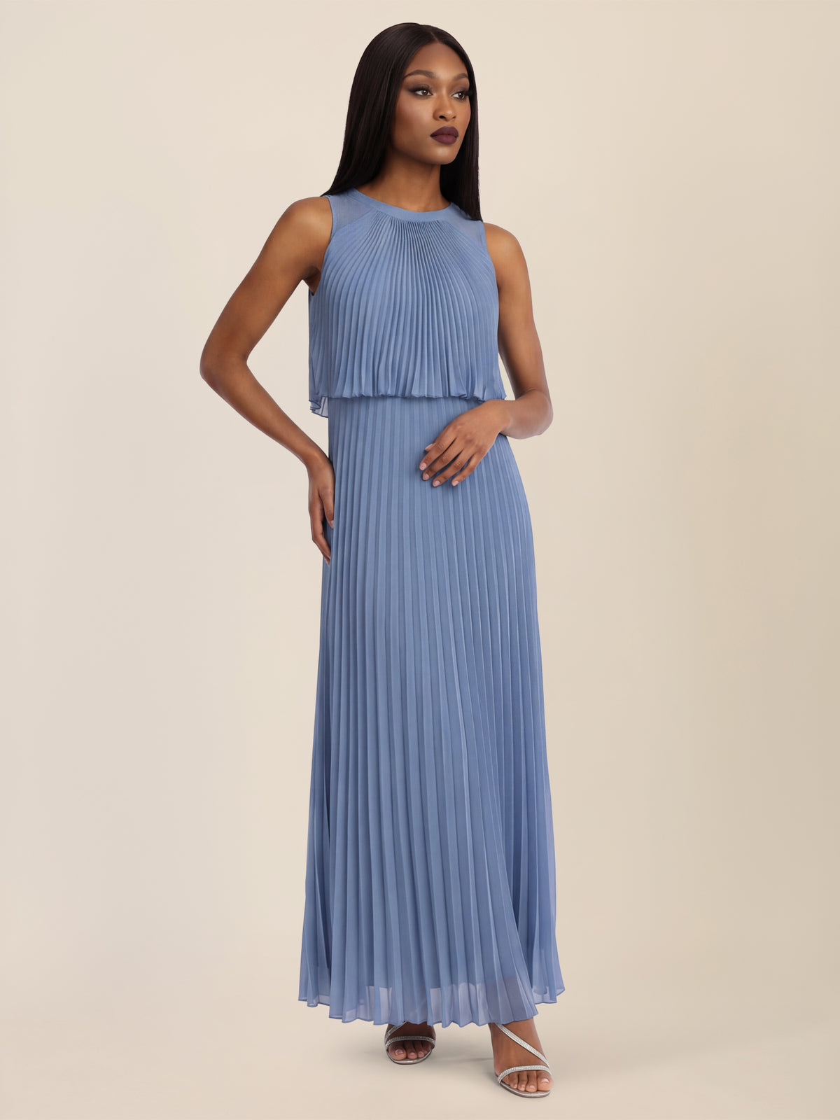 APART Plissiertes Maxikleid mit Doppellagen-Effekt | rauchblau