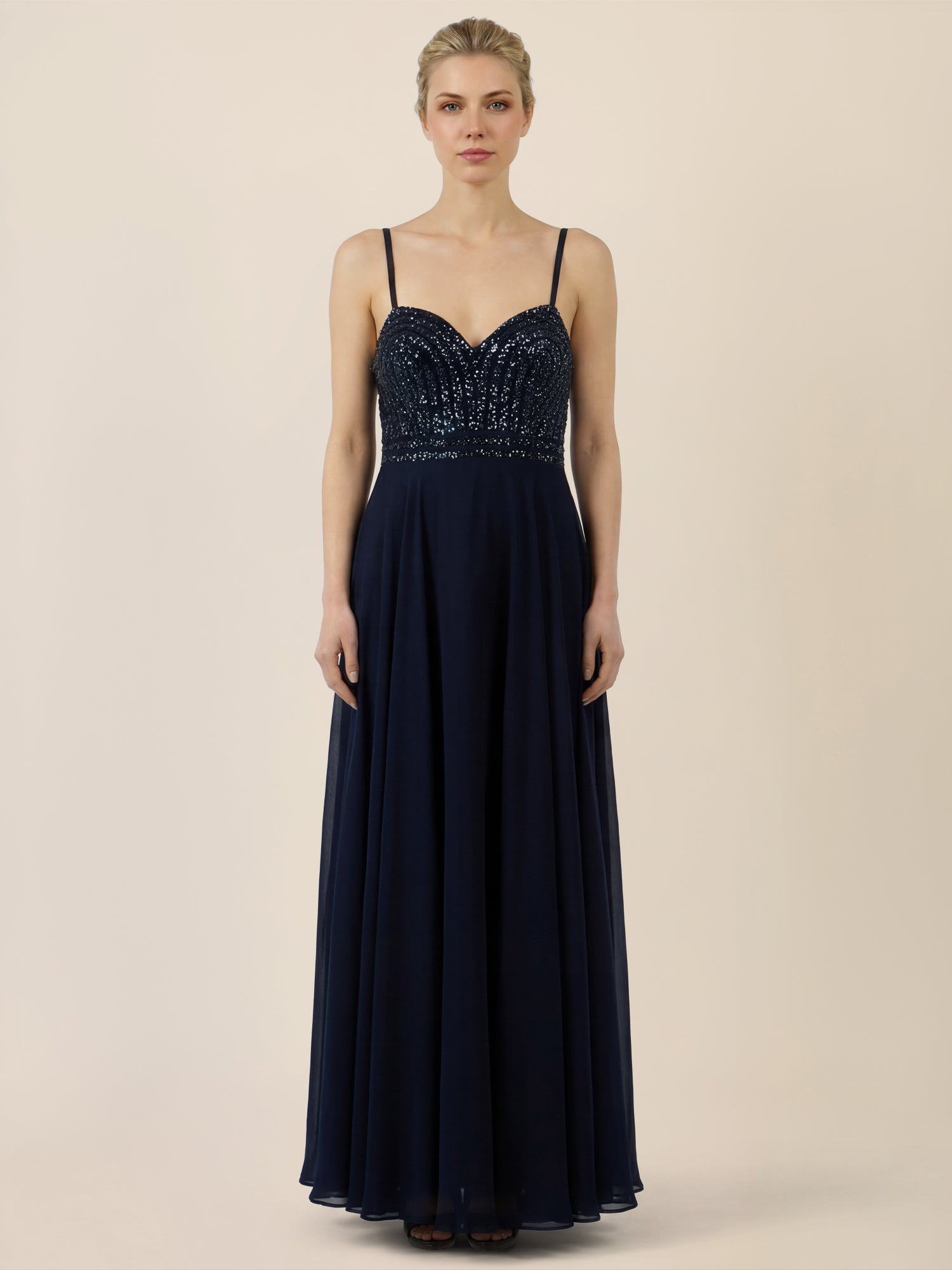 APART Chiffon-Abendkleid mit Pailletten-Bustier | nachtblau