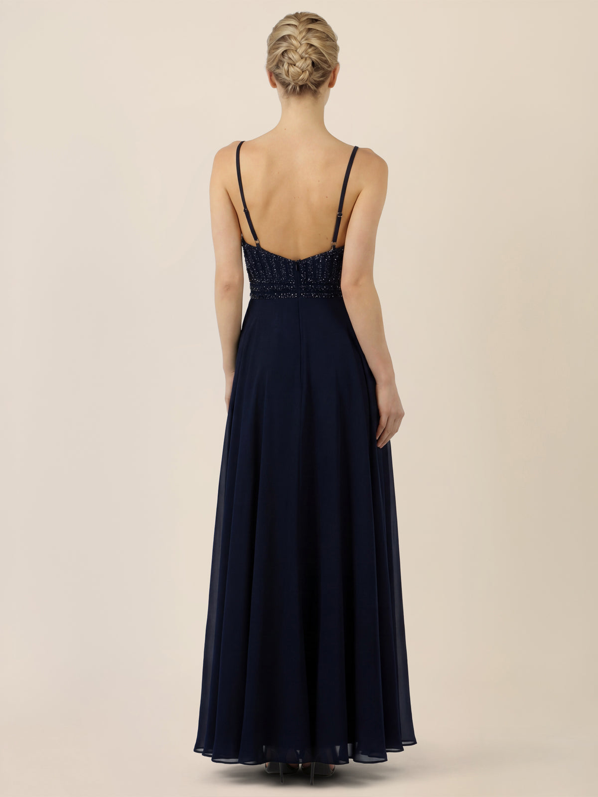 APART Chiffon-Abendkleid mit Pailletten-Bustier | nachtblau