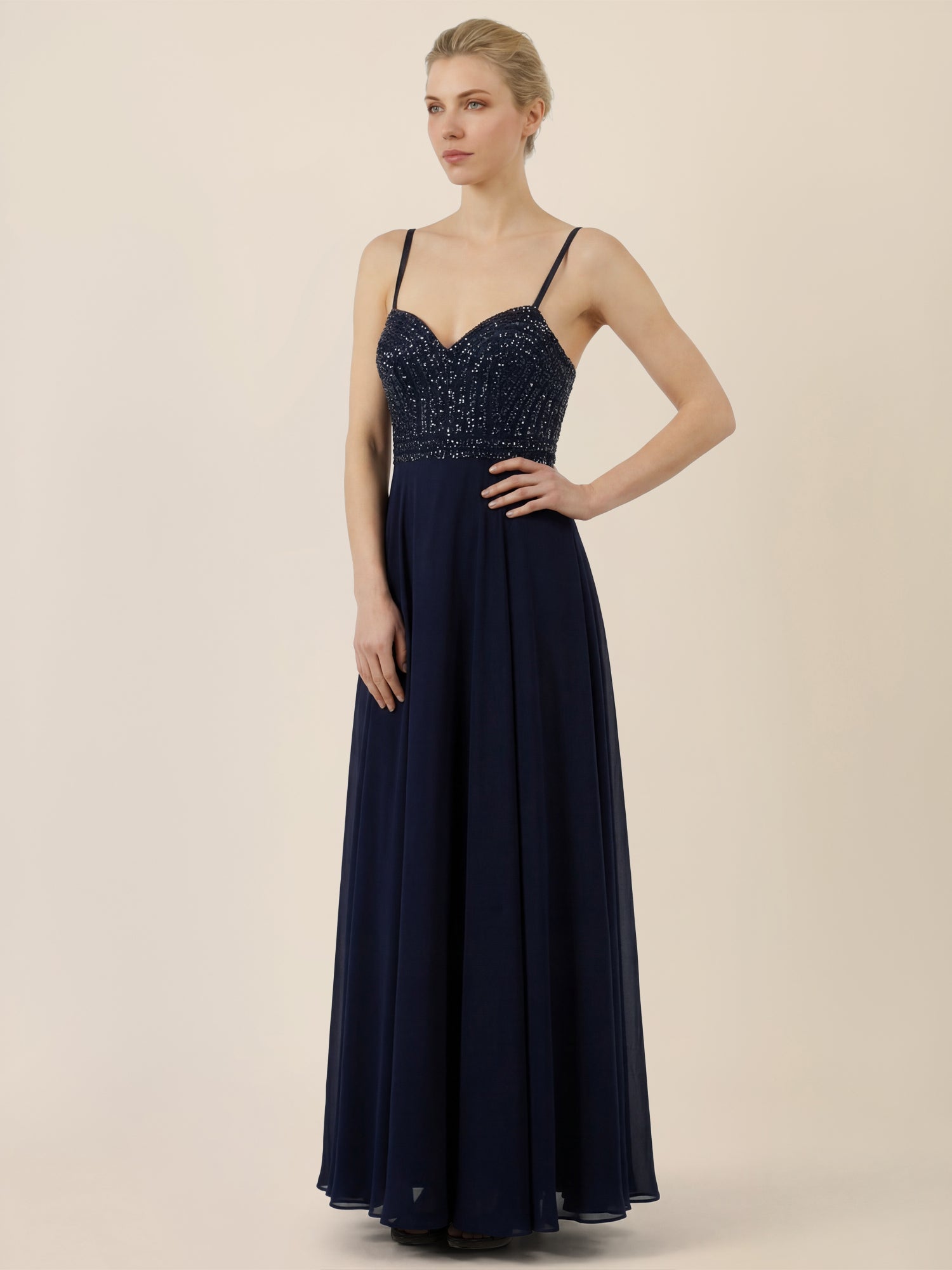 APART Chiffon-Abendkleid mit Pailletten-Bustier | nachtblau
