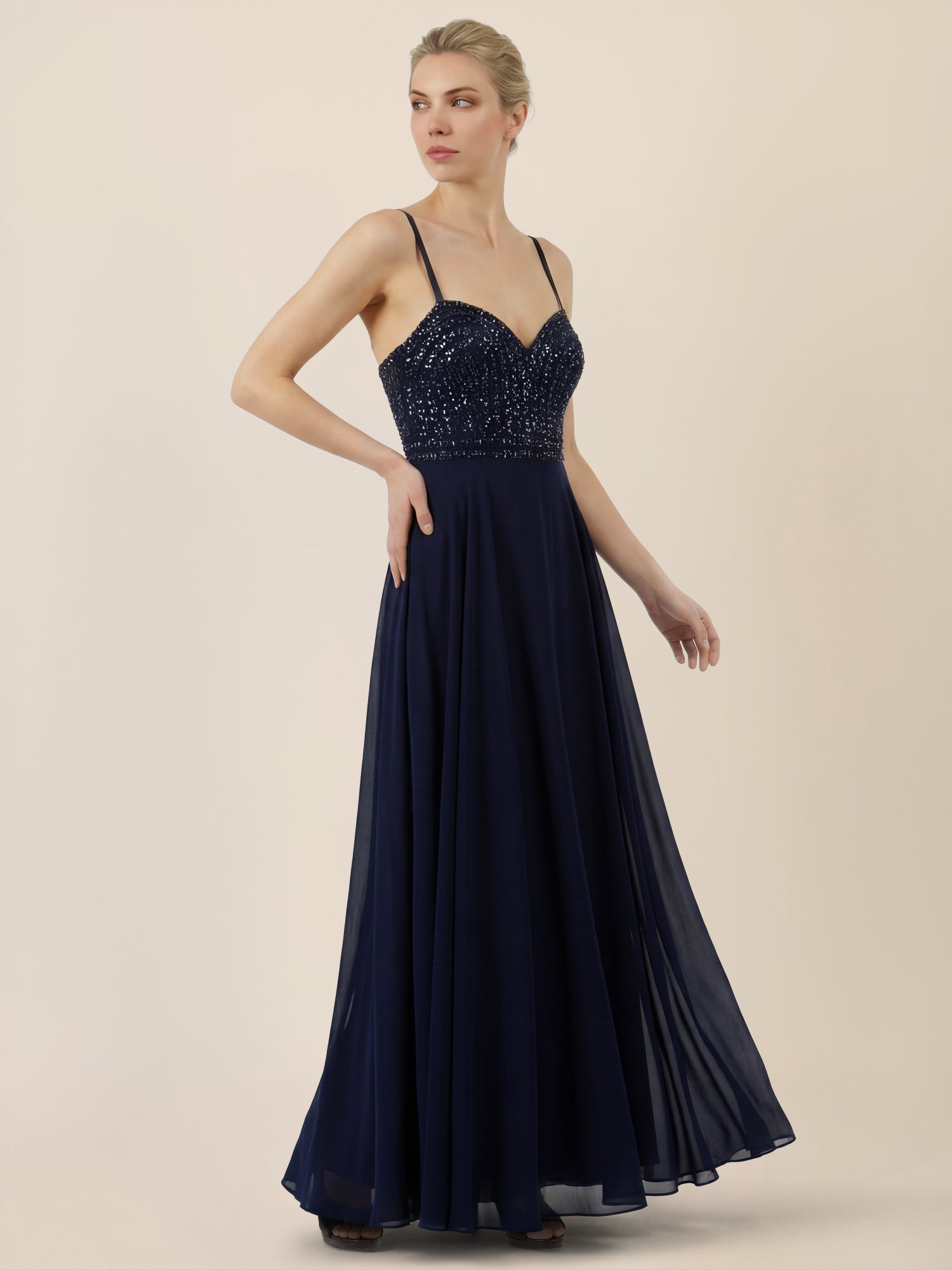 APART Chiffon-Abendkleid mit Pailletten-Bustier | nachtblau